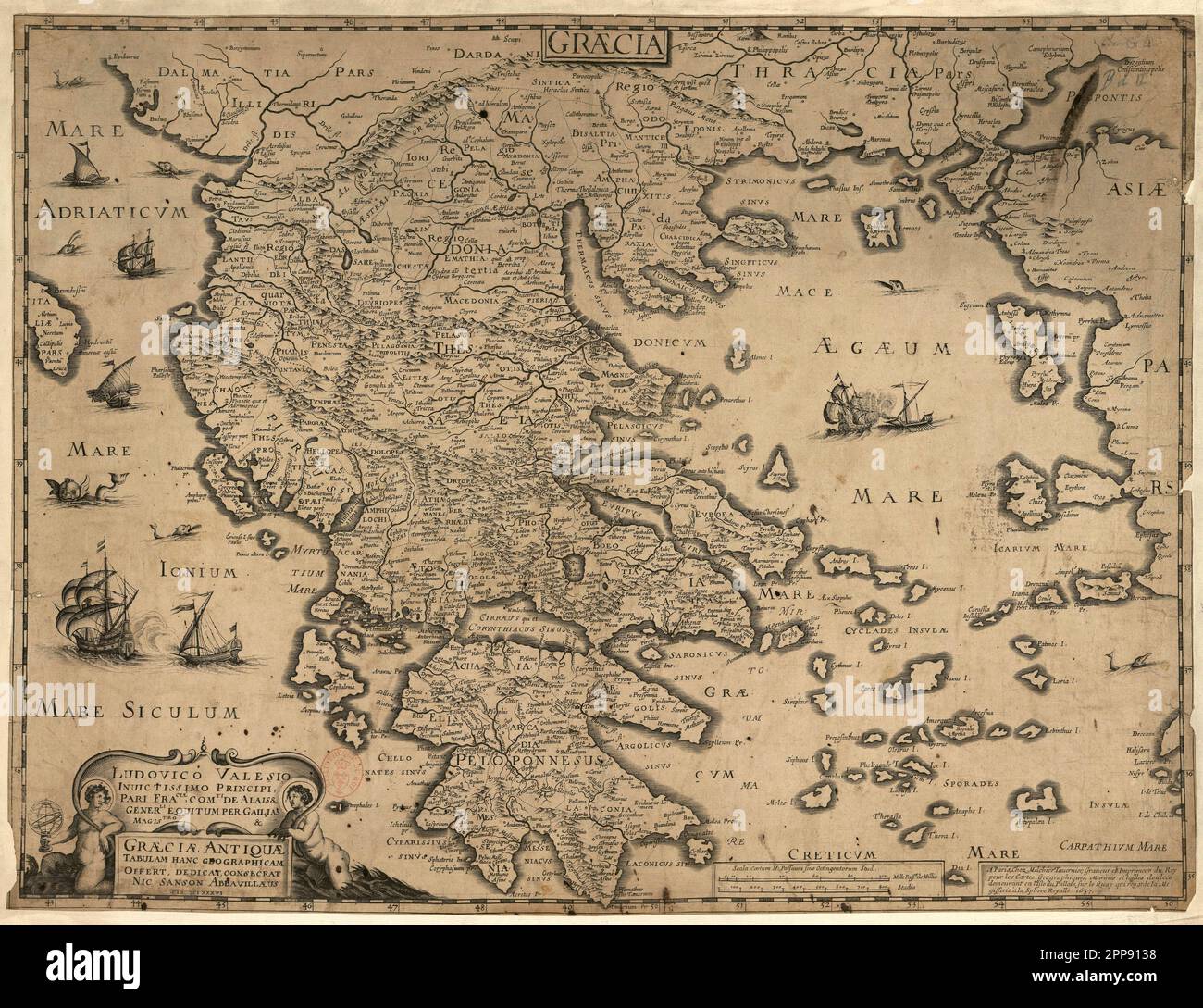 Antica mappa in lingua latina della Grecia c. 1637 di Nicolas Sanson (1600-1667) Foto Stock