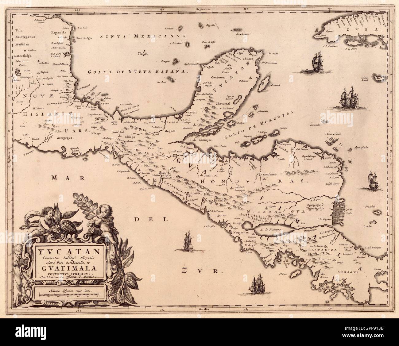 Carta antica c. 1662 della penisola dello Yucatan e del Guatemala del cartografo olandese Joan Blaeu (1596-1673) Foto Stock