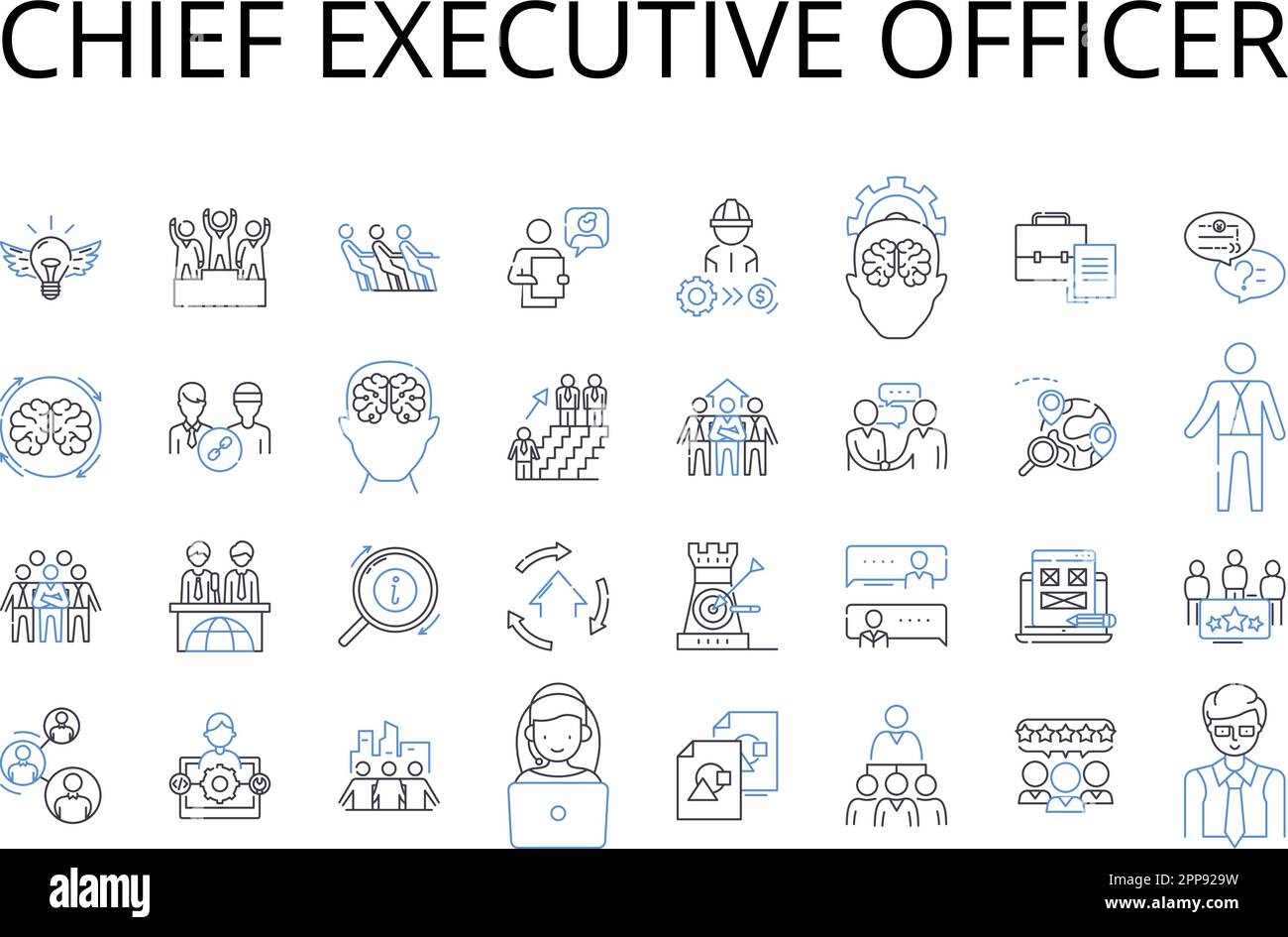 Collezione di icone della linea Chief Executive Officer. Presidente eletto, Senior Manager, Amministratore Delegato, General Counsel, Financial Officer, Marketing Illustrazione Vettoriale