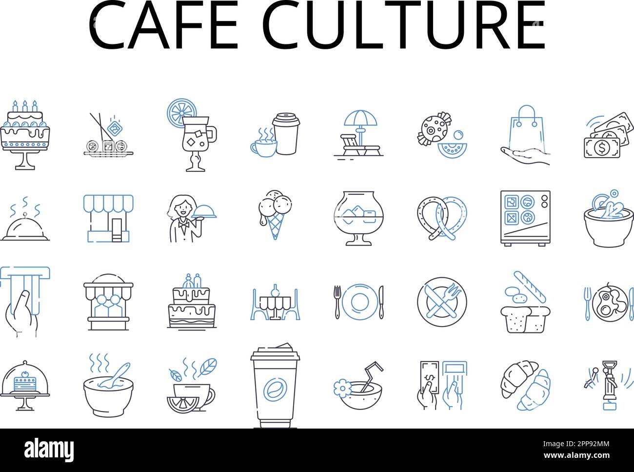 Collezione di icone della linea di cultura del caffè. Scena gastronomica, stile urbano, Street fashion, cultura musicale, comunità artistica, Vita notturna, vettore di cultura della spiaggia e. Illustrazione Vettoriale