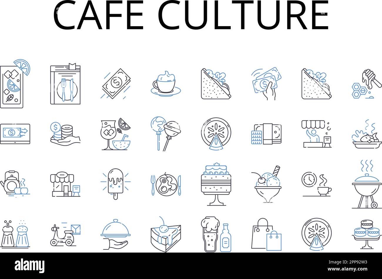 Collezione di icone della linea di cultura del caffè. Scena gastronomica, stile urbano, Street fashion, cultura musicale, comunità artistica, Vita notturna, vettore di cultura della spiaggia e. Illustrazione Vettoriale