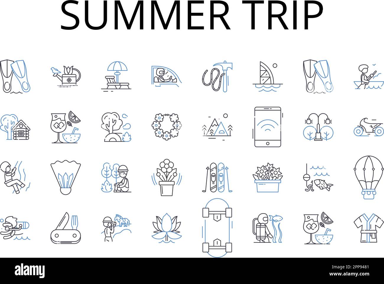 Collezione icone linea viaggio estivo. Fuga in spiaggia, viaggio in strada, spedizione in montagna, escursione sciistica, crociera sul fiume, Vacanza tropicale, vettore City Break Illustrazione Vettoriale