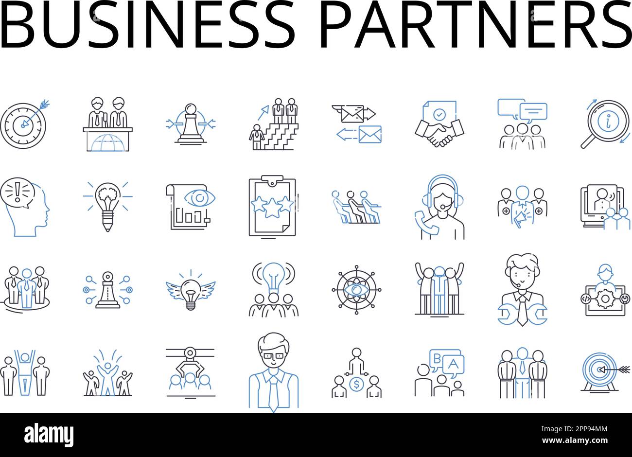 Collezione di icone della linea Business Partners. Team collaborativo, alleanza cooperativa, Joint Venture, coppia complementare, Duo dinamico, Simbiotico Illustrazione Vettoriale