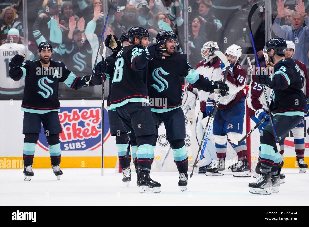 Seattle Kraken Center Matty Beniers, Center, Celebrates Scoring Against ...