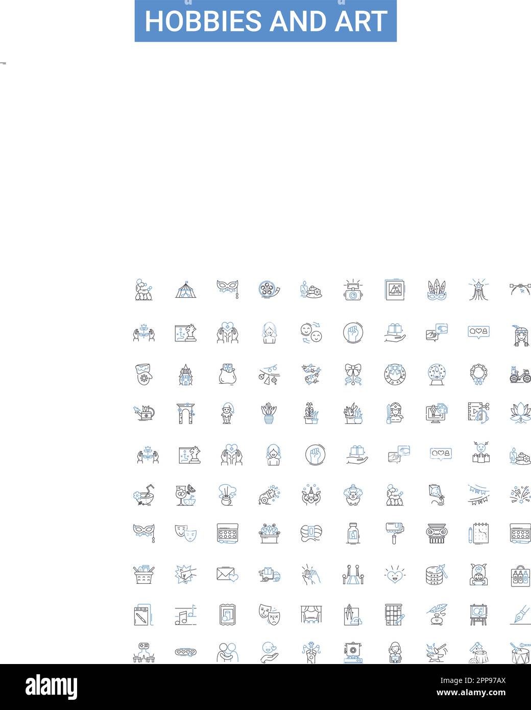 Hobby e arte contorno icone collezione. Pittura, Crafting, Giardinaggio, Fotografia, disegno, Astronomia, insieme di illustrazioni vettoriali a maglia Illustrazione Vettoriale
