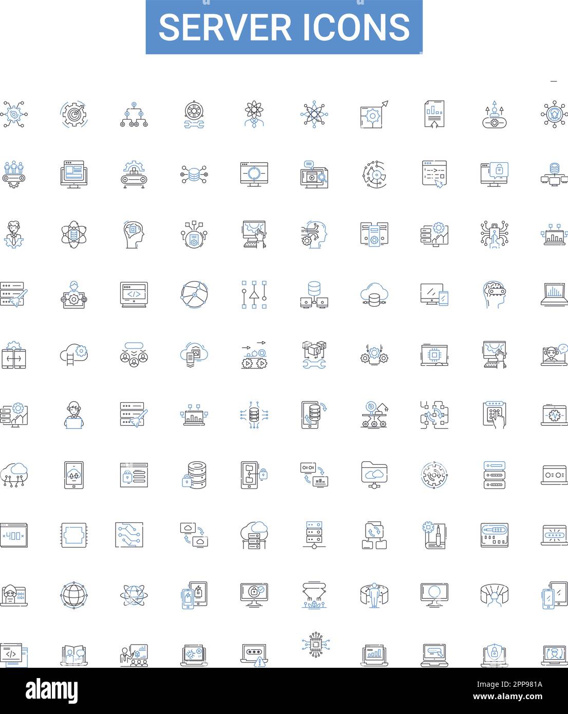 Le icone del server delineano la raccolta di icone. Server, icone, rete, computing, sistema, Computer, Set di illustrazioni vettore cloud. Macchina, dati, grafica Illustrazione Vettoriale