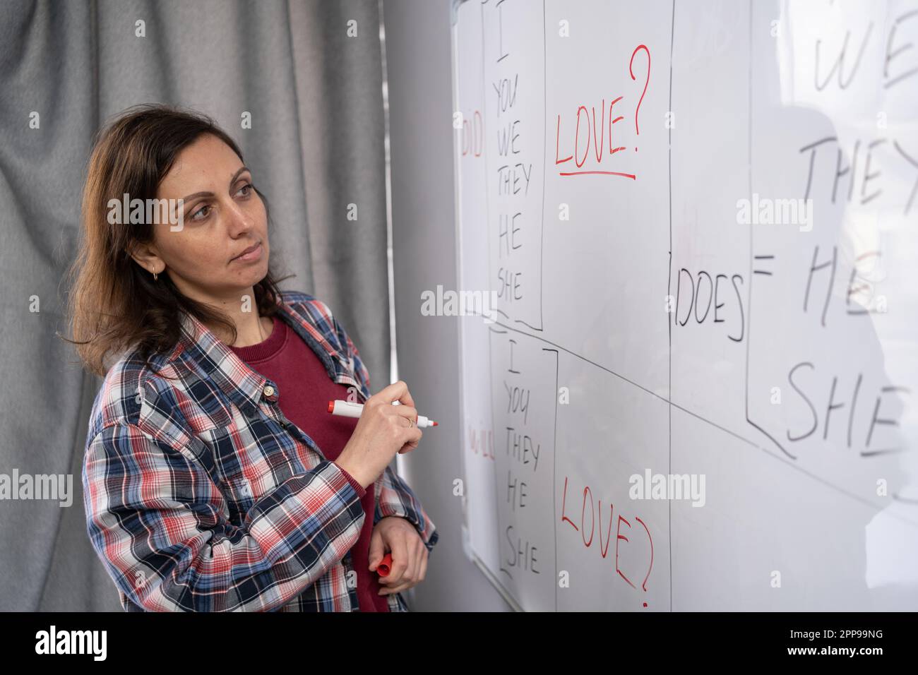 Insegnante di inglese vicino al tabellone in classe, spiega le regole grammaticali agli studenti. Istruzione e apprendimento Foto Stock