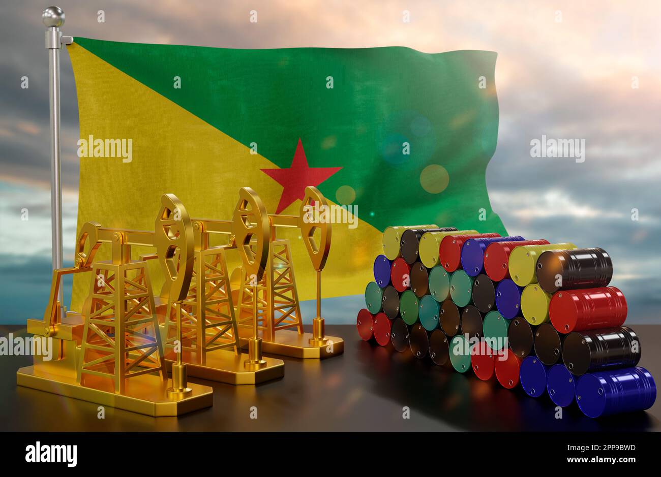 Il mercato petrolifero della Guiana francese. Pompa dell'olio in oro e barili in metallo. Il concetto di produzione, stoccaggio e valore dell'olio. Bandiera della Guiana francese Foto Stock