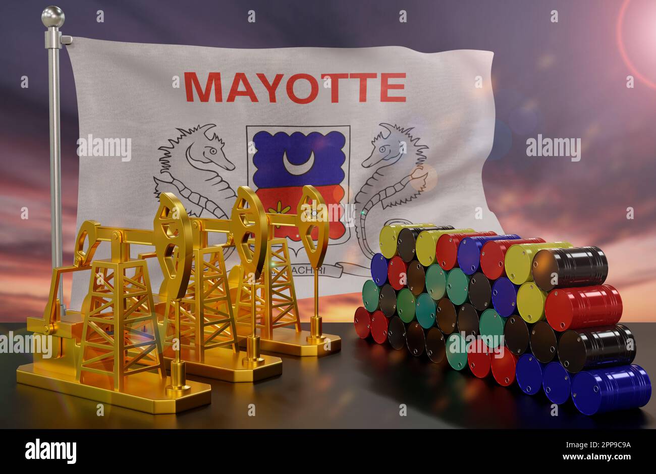 Il mercato petrolifero della Mayotte. Pompa dell'olio in oro e barili in metallo. Il concetto di produzione, stoccaggio e valore dell'olio. Bandiera di Mayotte in backgrou Foto Stock