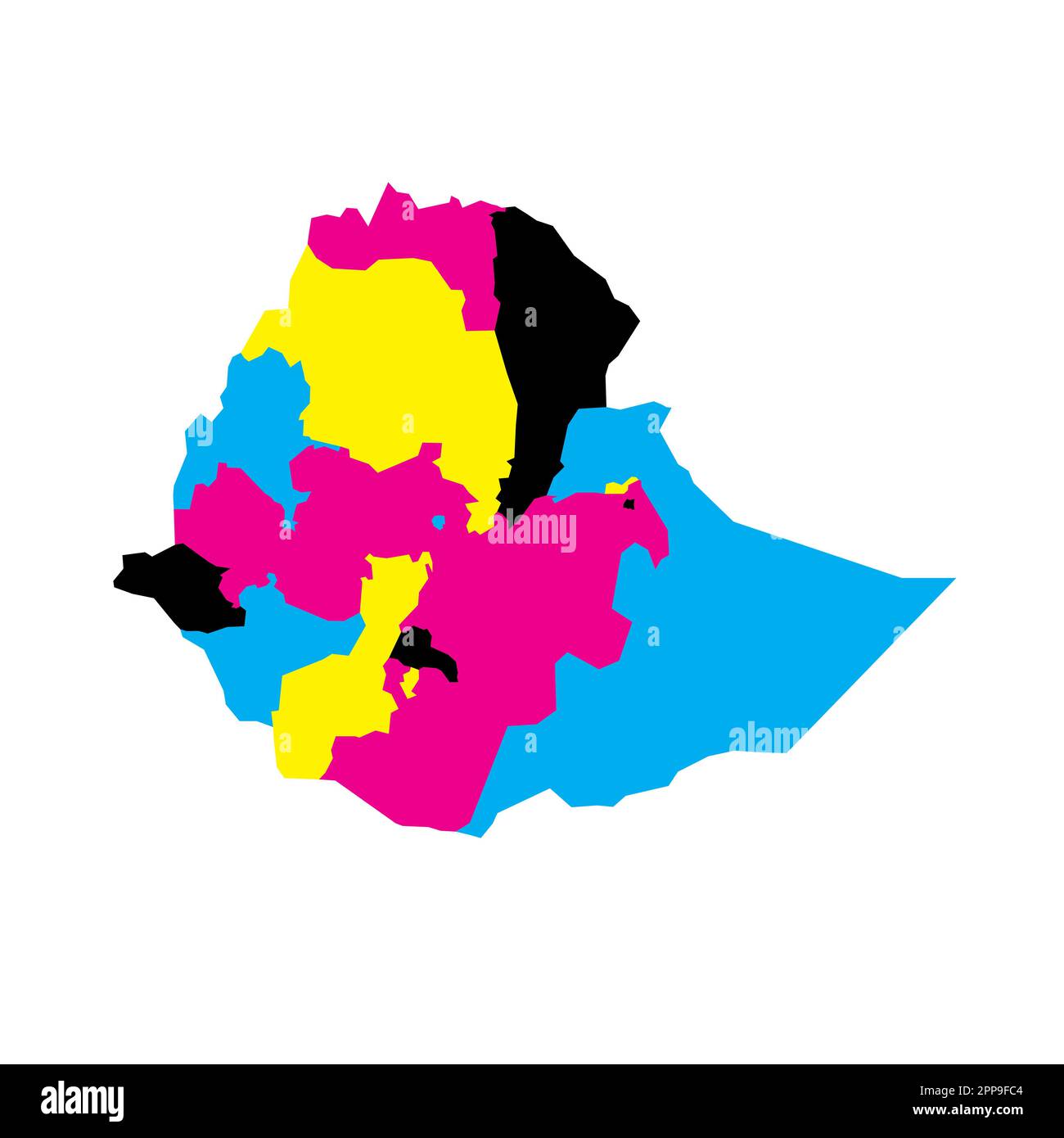 Etiopia carta politica delle divisioni amministrative - regioni e città charter. Mappa vettoriale vuota in colori CMYK. Illustrazione Vettoriale