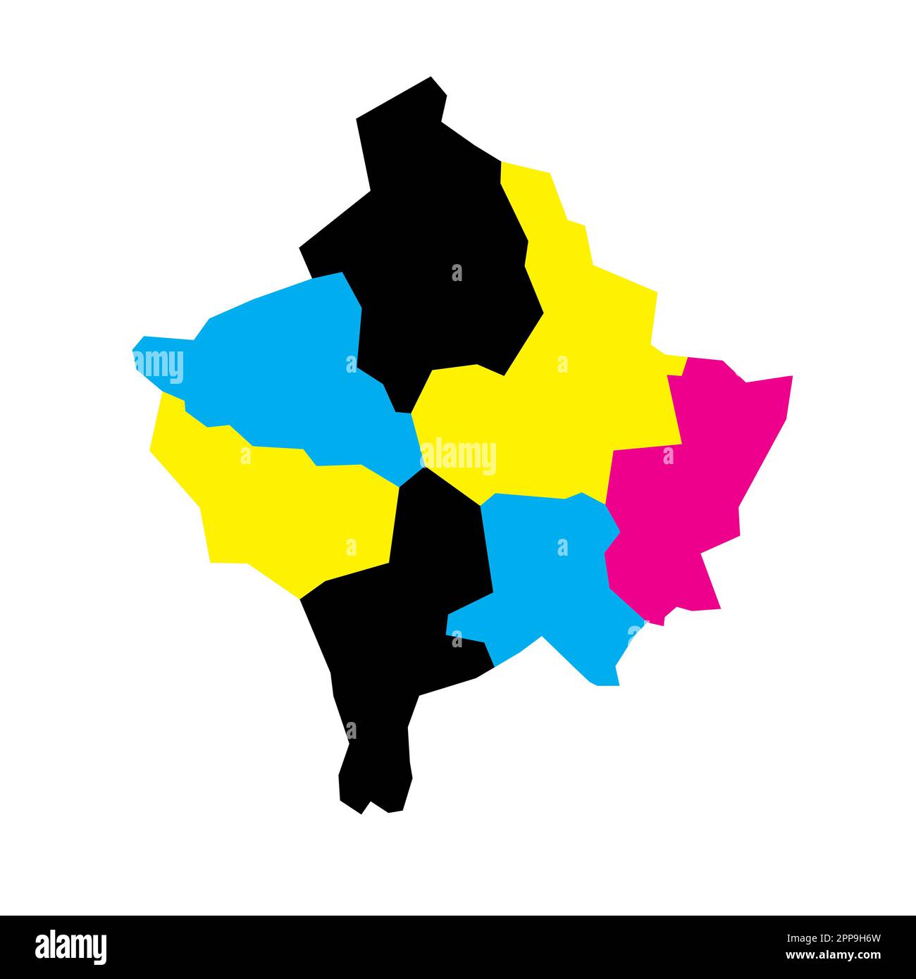 Mappa politica del Kosovo delle divisioni amministrative - distretti. Mappa vettoriale vuota in colori CMYK. Illustrazione Vettoriale