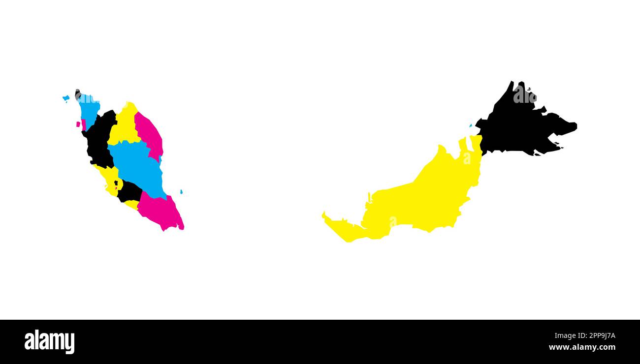 Malesia mappa politica delle divisioni amministrative - stati e territori federali. Mappa vettoriale vuota in colori CMYK. Illustrazione Vettoriale