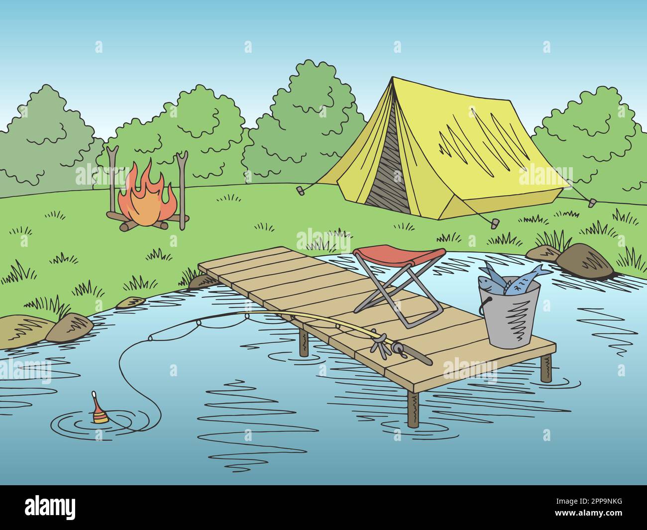 Pesca camping grafico colore paesaggio disegno disegno vettore di illustrazione Illustrazione Vettoriale