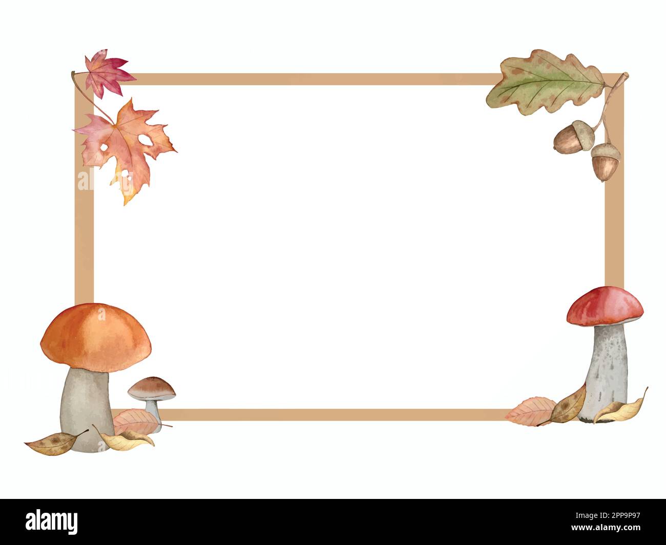 Set autunnale vettore acquerello. Decorazioni con foglie di bosco e funghi. Illustrazione Vettoriale