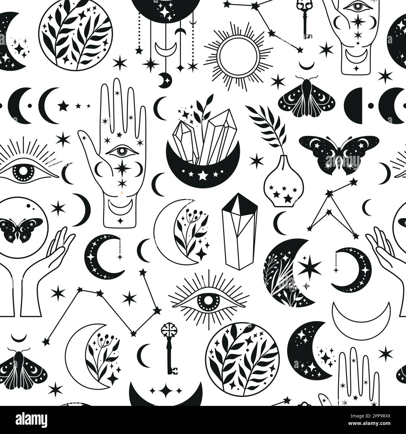 Modello senza cuciture fasi lunari mistiche e mani e falce femminili, alchimia esoterica spazio magico, vettore isolato su sfondo bianco Illustrazione Vettoriale