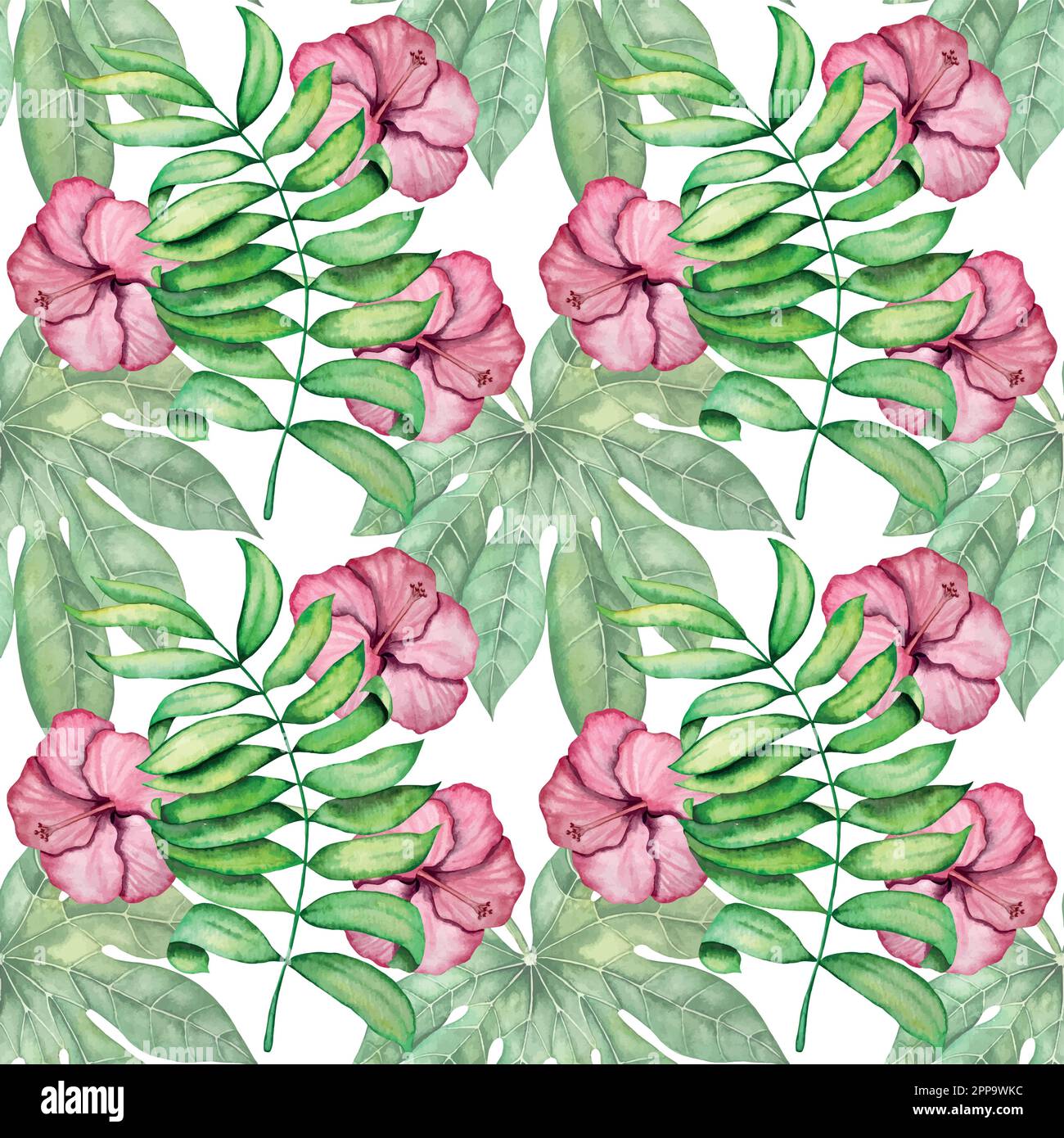 Set vettoriale acquerello di piante tropicali e fiori. Decorazioni esotiche. Illustrazione Vettoriale