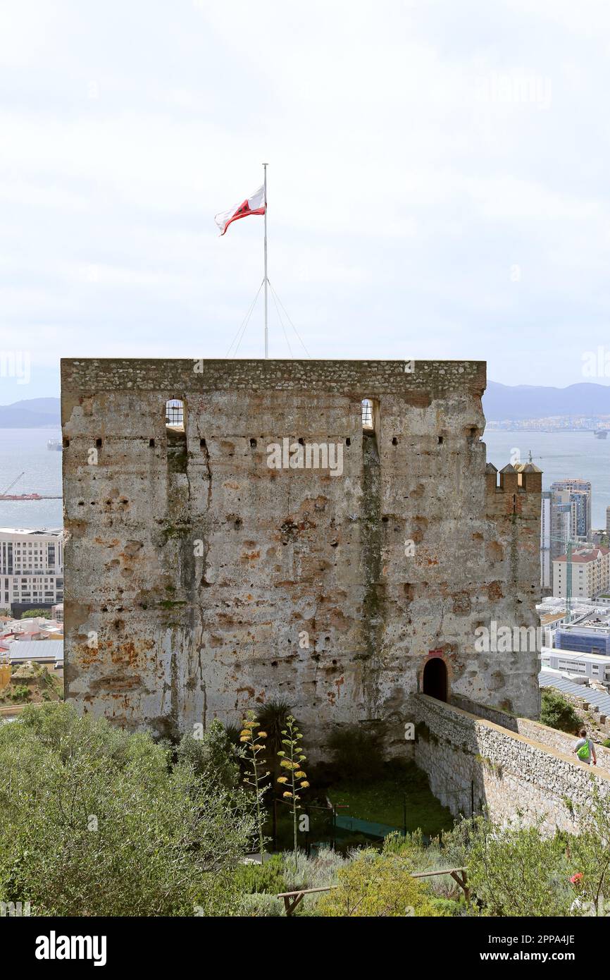 Torre dell'omaggio, Castello moresco, Gibilterra, territorio britannico d'oltremare, Regno Unito, Regno Unito, Mar Mediterraneo, Europa Foto Stock