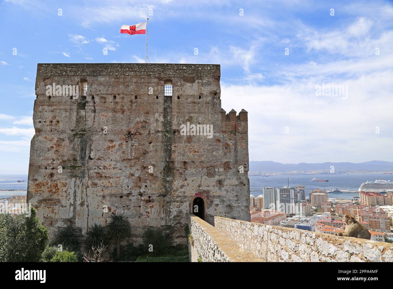 Torre dell'omaggio, Castello moresco, Gibilterra, territorio britannico d'oltremare, Regno Unito, Regno Unito, Mar Mediterraneo, Europa Foto Stock