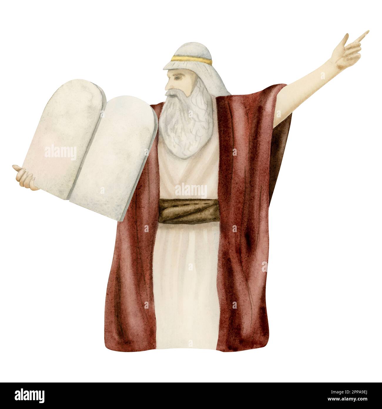 Acquerello Mosè con dieci Comandamenti tavolette di pietra illustrazione isolato su bianco. Storia biblica di Tanah ebraica Foto Stock