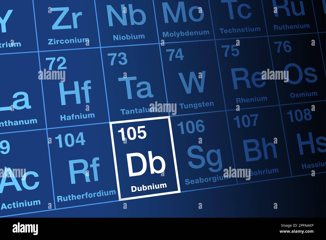 Dubnium, sulla tavola periodica. Elemento transactinide sintetico radioattivo con simbolo dB e numero atomico 105. Prende il nome da Dubna. Foto Stock