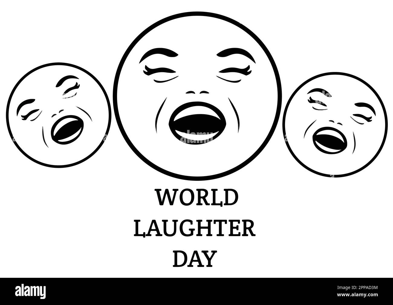 Giornata mondiale delle risate. Illustrazione in bianco e nero di emoticon isolate su sfondo bianco. Illustrazione Vettoriale