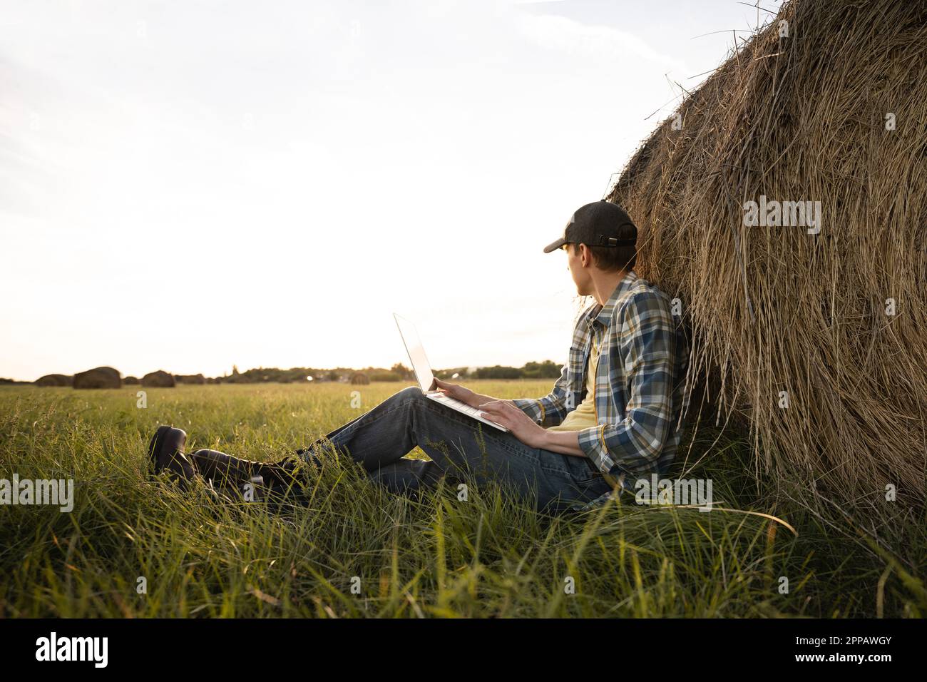 Contadino con computer portatile sul campo. Digitalizzazione intelligente dell'agricoltura e dell'agricoltura. Foto di alta qualità Foto Stock