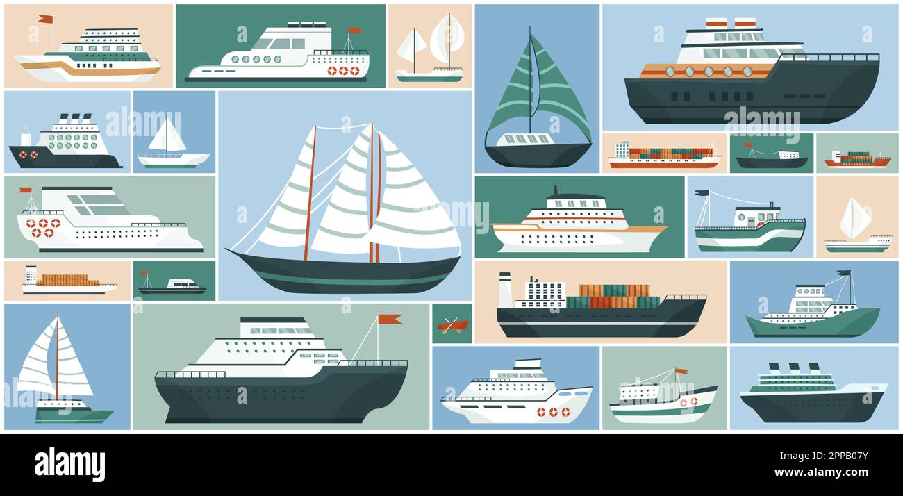 Collezione di cartoni animati con barca a mare e yacht, trasporto di consegna merci con container e nave da crociera oceanica, barca a vela da pesca e autocisterna in fondo geometrico collage. Viene fornita l'illustrazione del vettore set. Illustrazione Vettoriale