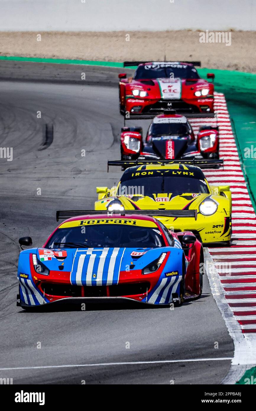 Montmelo, Spagna. 23rd Apr, 2023. 51 LENTOUDIS Kriton (grc), AGUAS Rui (prt), DE PAUW Ulysse (bel), AF Corse, Ferrari 488 GTE Evo, in azione durante la 4 ore di Barcellona 2023, 1st° round della 2023 European le Mans Series sul circuito di Barcellona-Catalunya dal 21 al 23 aprile 2023 a Montmelo, Spagna - Foto Paulo Maria/DPPI Credit: DPPI Media/Alamy Live News Foto Stock