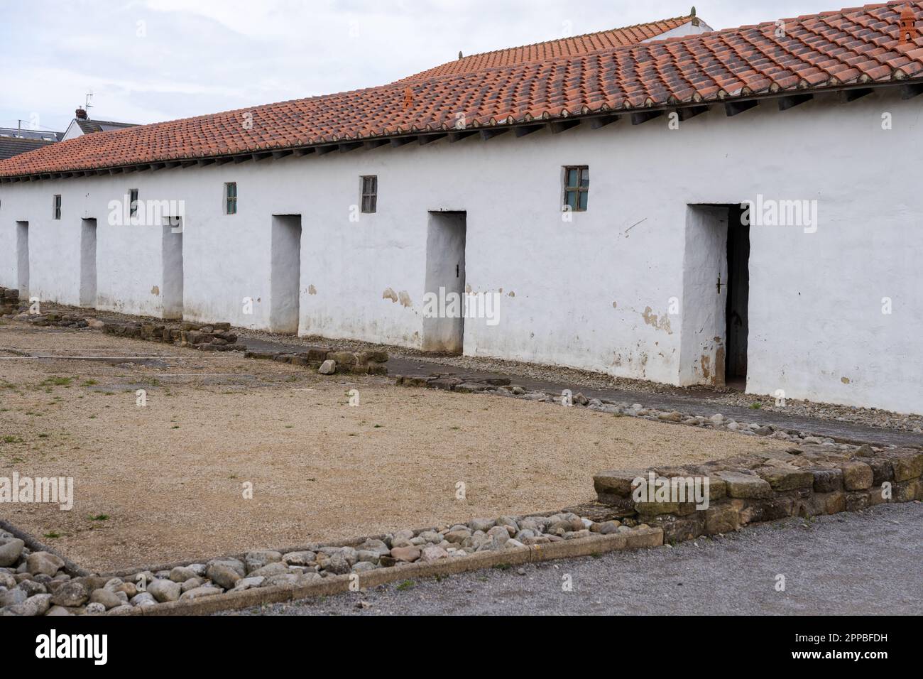 Sistemazione o caserma ricostruite a Arbeia Roman Fort, South Shields, South Tyneside, Regno Unito Foto Stock