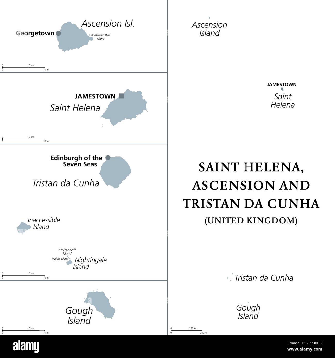 Sant'Elena, Ascensione e Tristan da Cunha, carta politica grigia. Territorio britannico d'oltremare nell'Atlantico meridionale, capitale Jamestown. Foto Stock