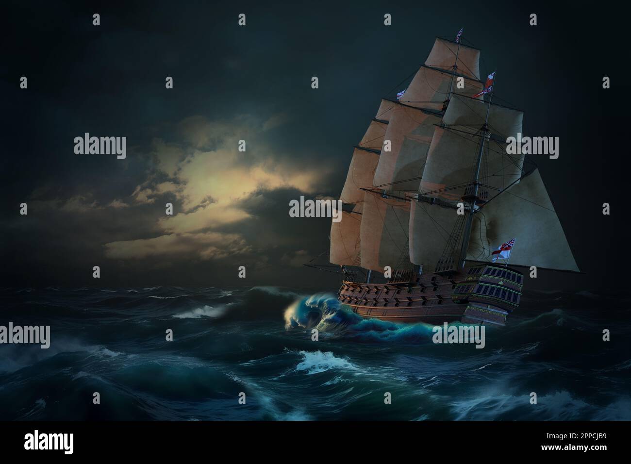 L'opera d'arte digitale raffigura una nave galeone simile al leopardo H.M.S che combatte un oceano accidentato con grandi onde, forti venti e un cielo scuro. Una sala operatoria morbida Foto Stock