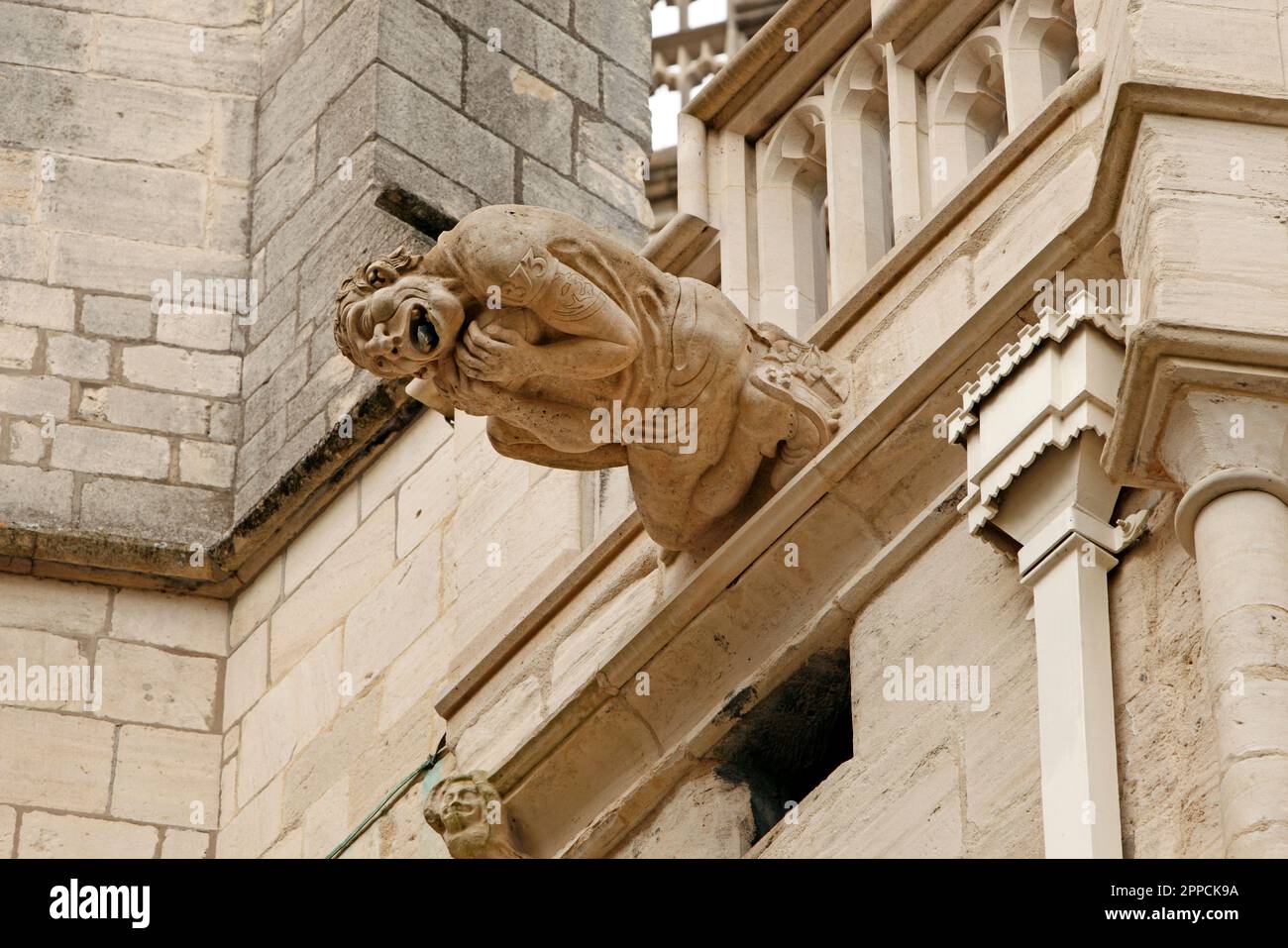 Giocatore di rugby. Moderna gargoyle o grottesca sulla Cattedrale di Gloucester. Parte di un progetto per la Cattedrale di Gloucester per descrivere gli eventi locali moderni Foto Stock