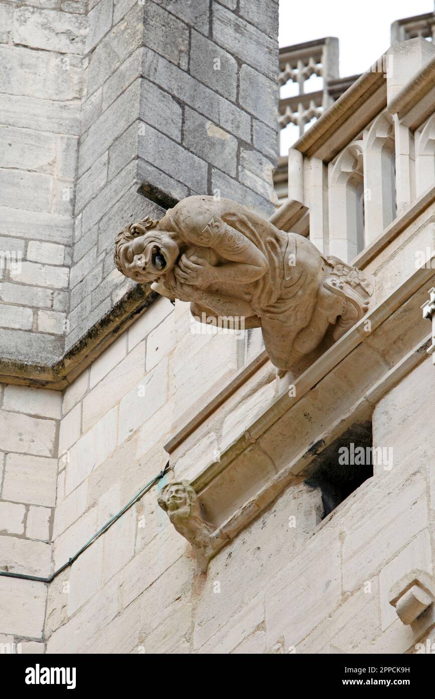 Giocatore di rugby. Moderna gargoyle o grottesca sulla Cattedrale di Gloucester. Parte di un progetto per la Cattedrale di Gloucester per descrivere gli eventi locali moderni Foto Stock