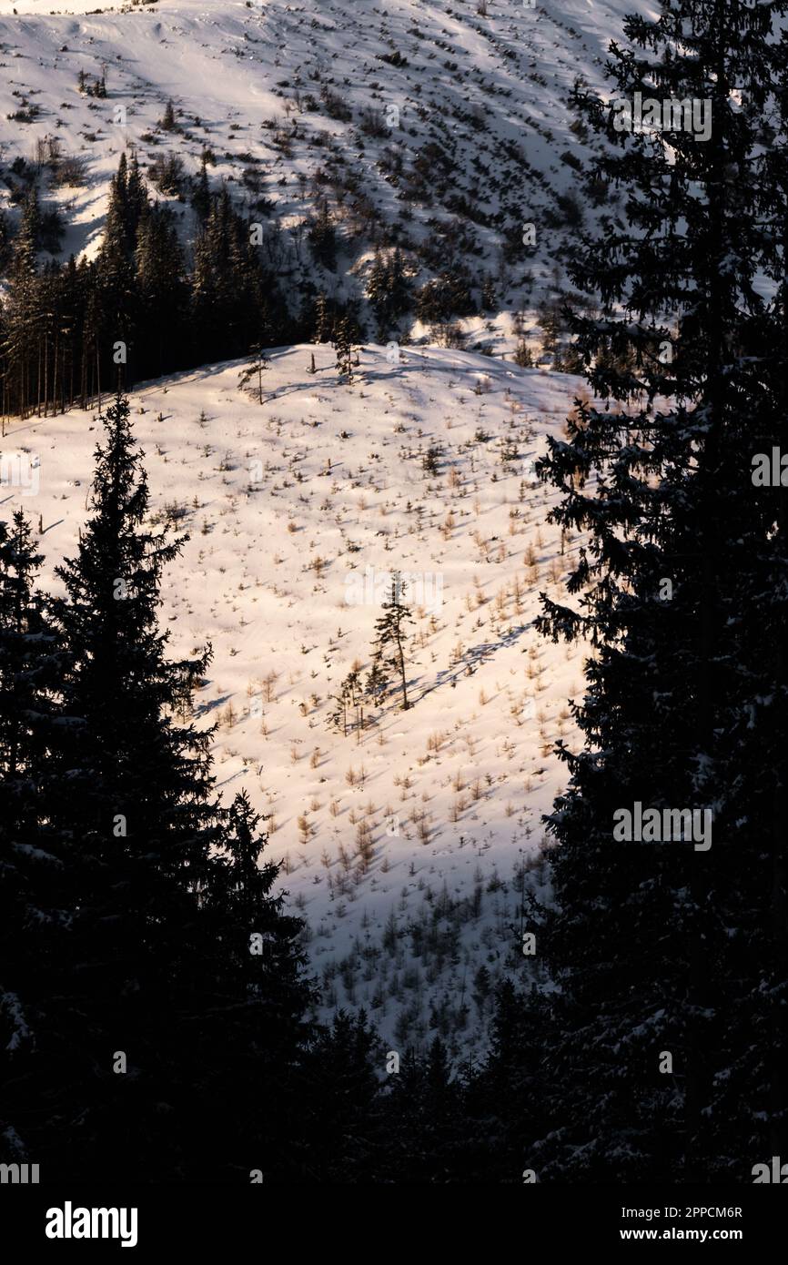 Un paesaggio panoramico caratterizzato da una maestosa catena montuosa coperta da una coperta di neve Foto Stock