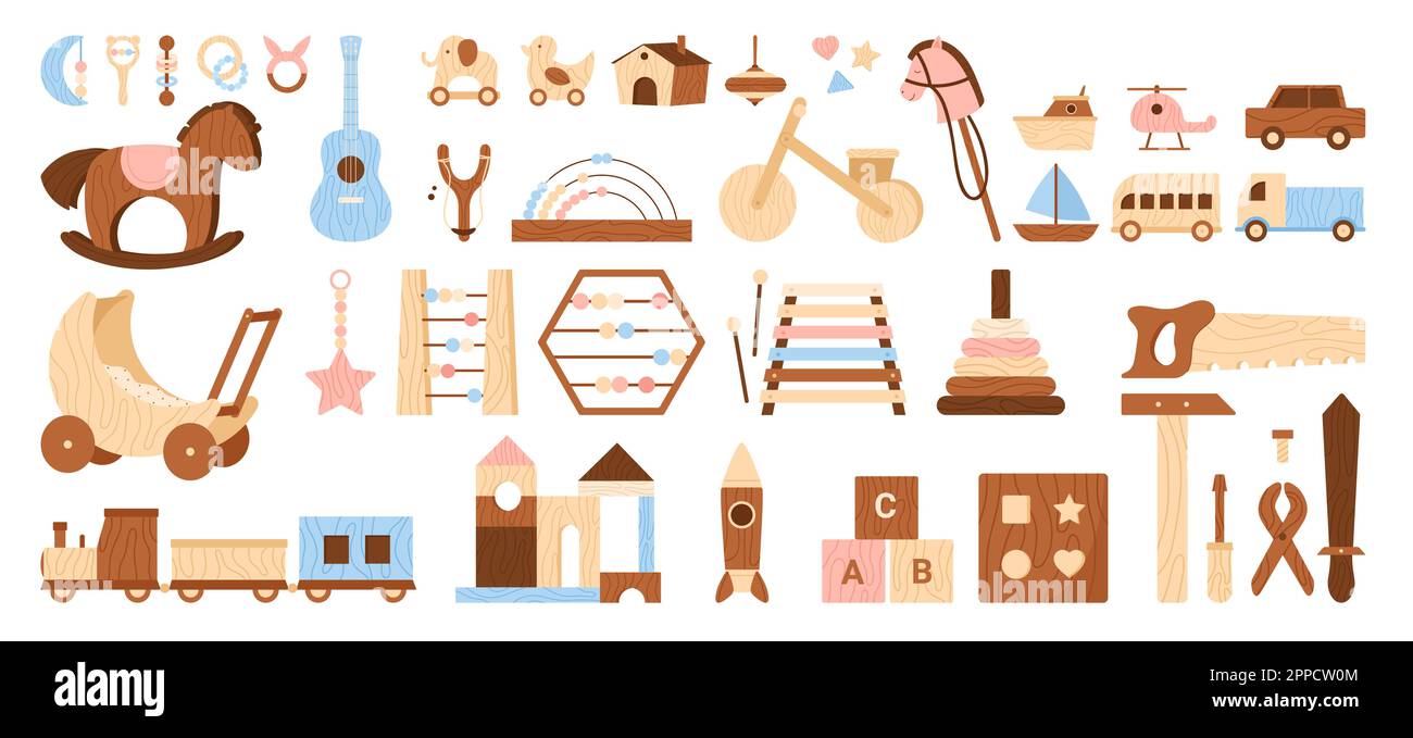 Giocattoli di legno Set illustrazione vettoriale. Cartoon isolato apprendimento Montessori attrezzature per i primi giochi di bambini, collezione di legno di puzzle e blocchi cubi, razzo e barca, auto e cavallo Illustrazione Vettoriale