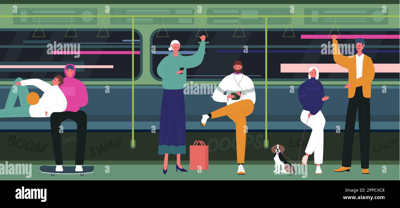 La gente viaggia nell'illustrazione del vettore dell'automobile della metropolitana sotterranea. Cartoon donna e uomo in pubblico moderno treno interni, passeggeri personaggi in piedi, adulti seduti sui sedili vicino alla finestra e la lettura Illustrazione Vettoriale