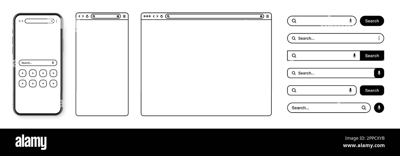 Smartphone, browser Web, finestra della pagina Internet con barra degli strumenti e barra di ricerca, campo. Sito web moderno in stile piatto, linea d'arte Mockup browser vuoto per Illustrazione Vettoriale