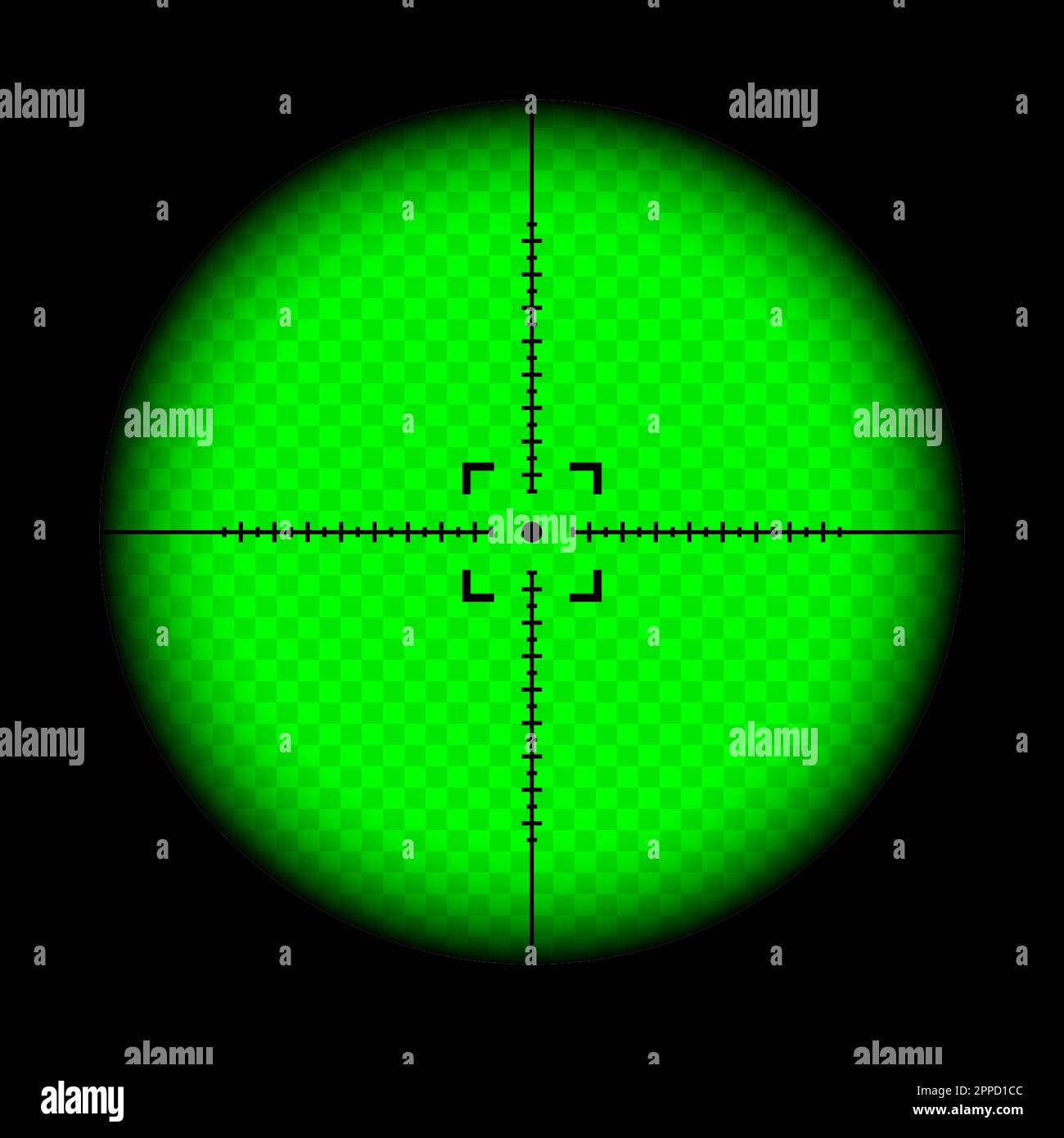 Arma notte vista, fucile cecchino ottica scope. Mirino a pistola da caccia con mirino. Puntamento, simbolo del segno di scatto. Cartello con bersaglio militare, silhouette Illustrazione Vettoriale