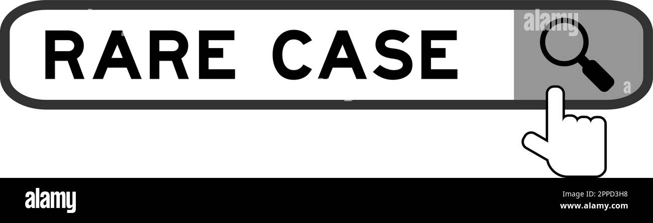 Banner di ricerca in parola raro caso con mano sopra l'icona lente d'ingrandimento su sfondo bianco Illustrazione Vettoriale