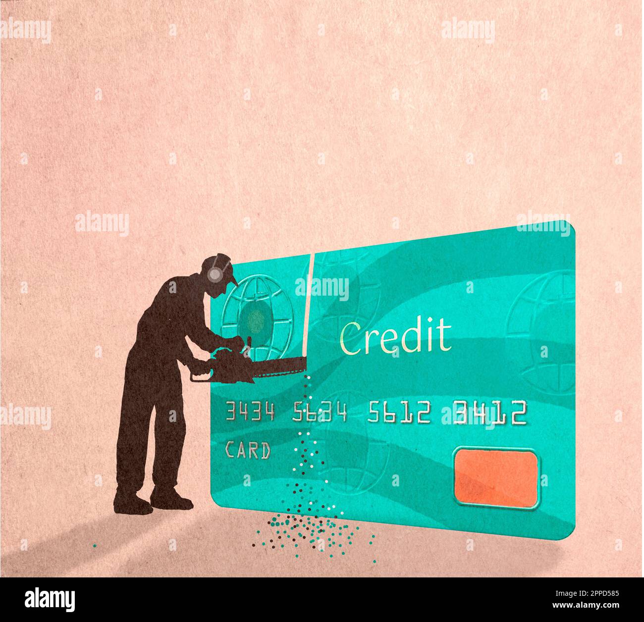 Silhouette di uomo taglio carta di credito con motosega Foto Stock