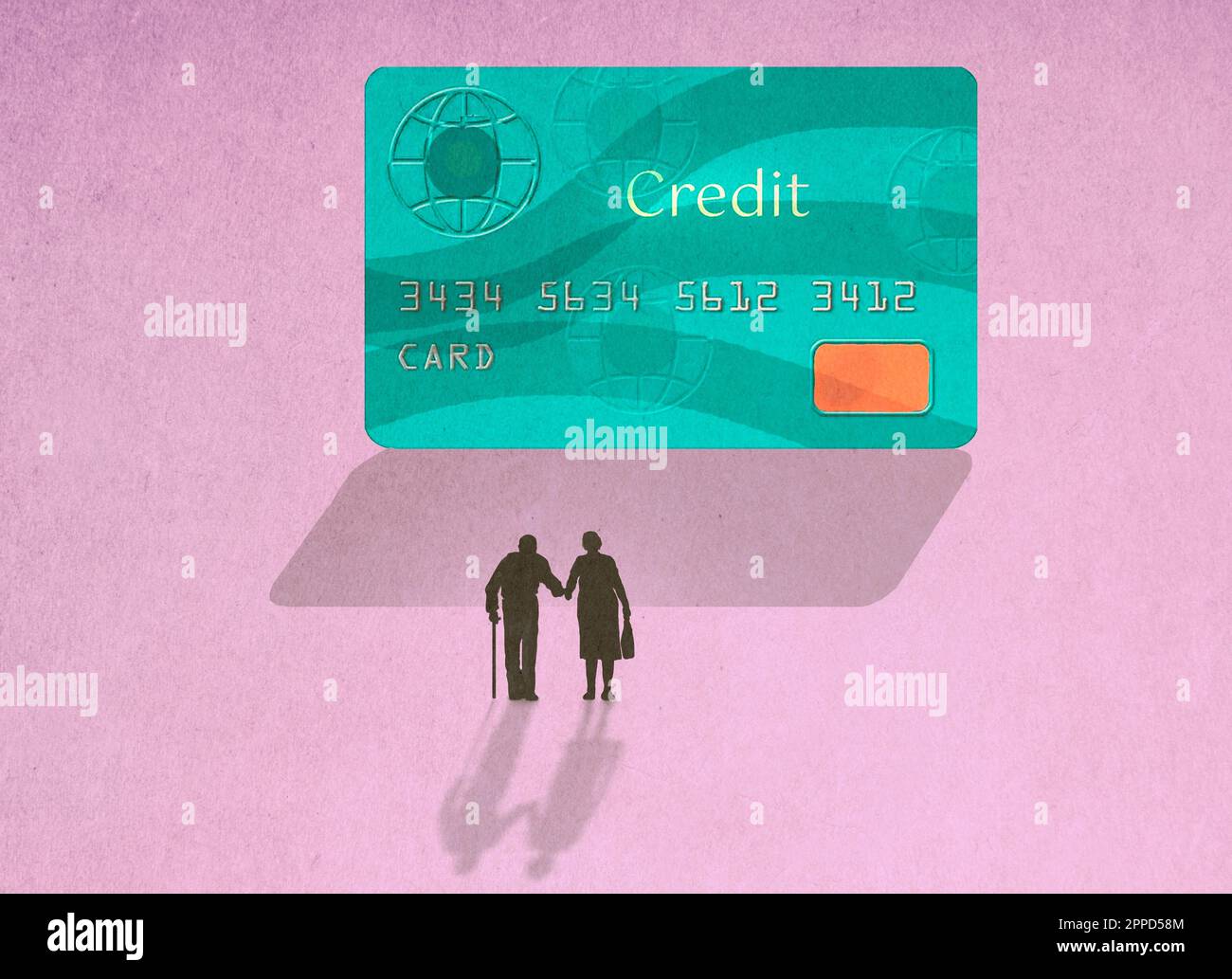 Silhouette di coppia senior che cammina verso una grande carta di credito Foto Stock