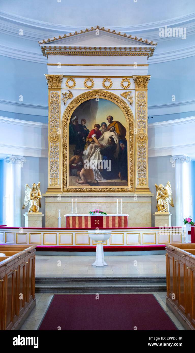 Cattedrale evangelica luterana finlandese della diocesi di Helsinki, altare finlandese con pala d'altare di Carl Timoleon von Neff, la discesa di Foto Stock