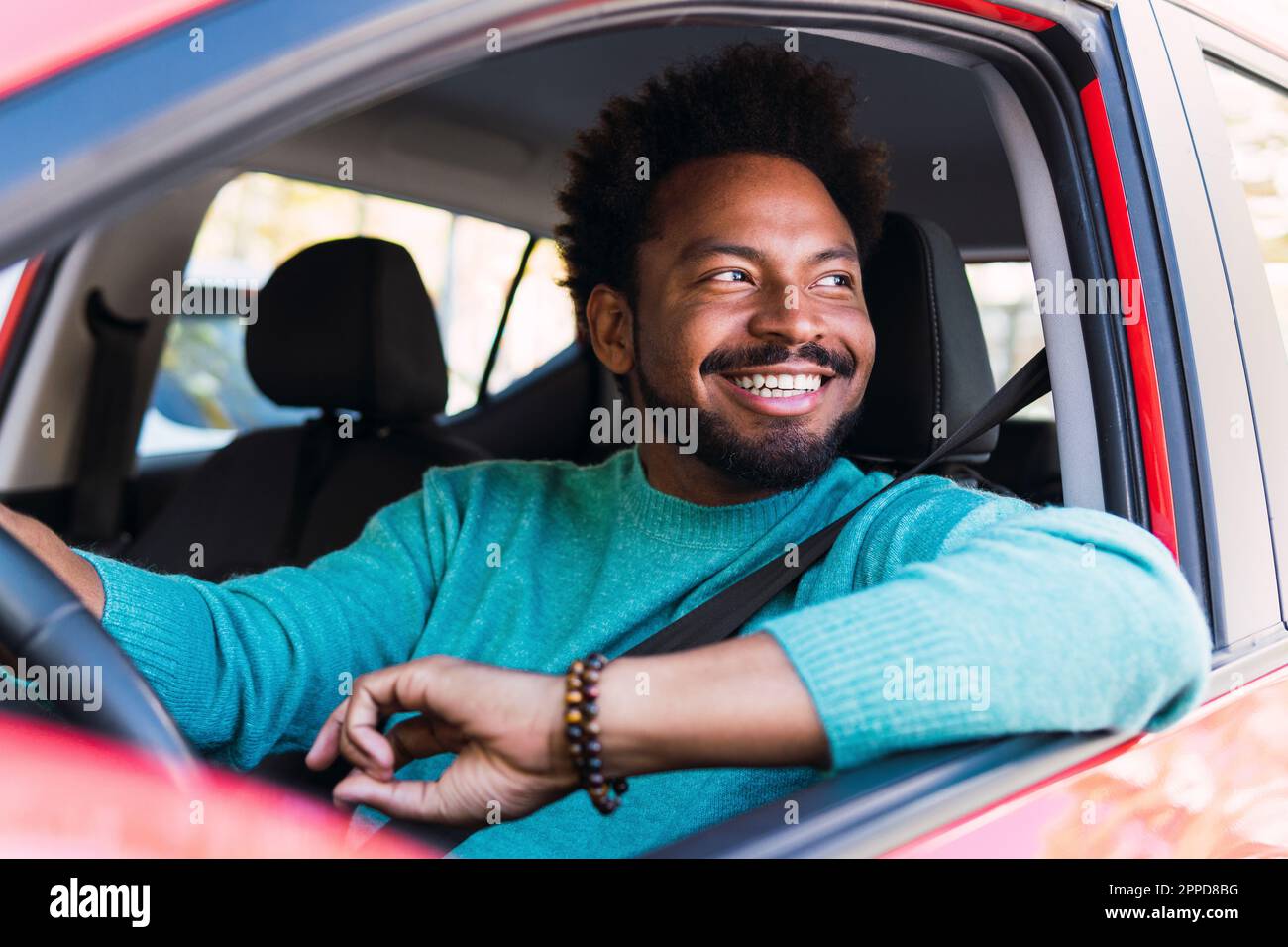 Felice l'uomo seduto in auto Foto Stock