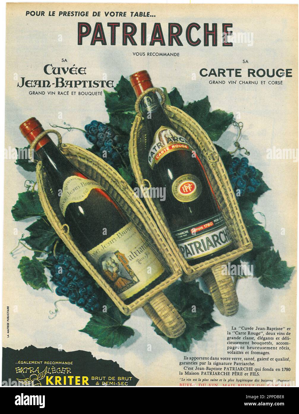 Kriter Brut de Brut Patriarche, Cuvee Jean-Baptiste, pubblicità in francese, 1959 Foto Stock