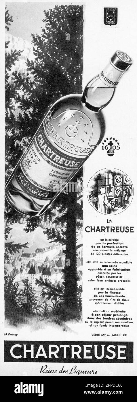 Chartreuse, un liquore alle erbe francese, annuncio a stampa francese, 1959 Foto Stock