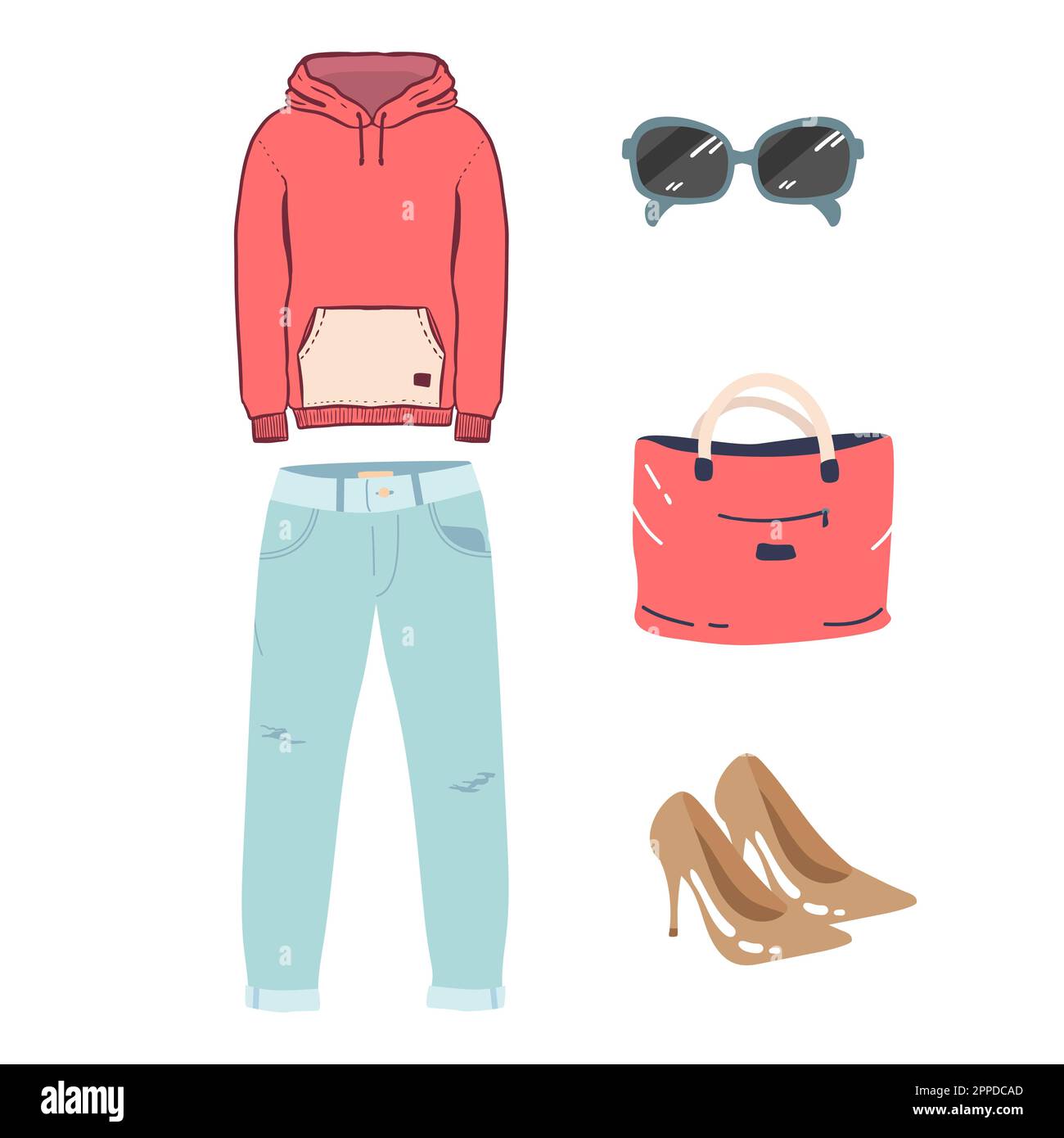 Collage vettoriale disegnato a mano di abiti e accessori da donna isolato su sfondo bianco. Un outfit dallo stile casual ed elegante e femminile. Felpa con cappuccio Illustrazione Vettoriale