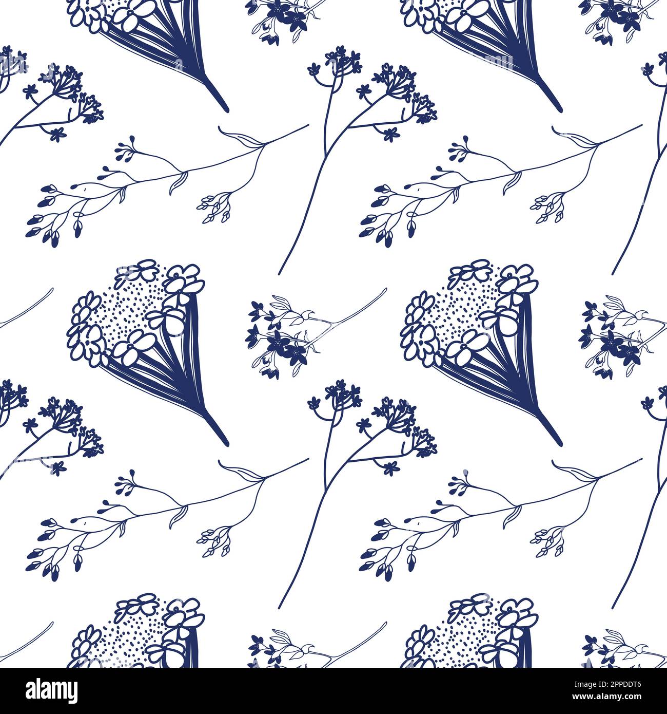 Ripetizione senza giunture. Fiori di campo e piante in blu scuro, disegnate a mano su una tavoletta su sfondo bianco. Adatto per la stampa su carta, tessuto, Incitat Illustrazione Vettoriale