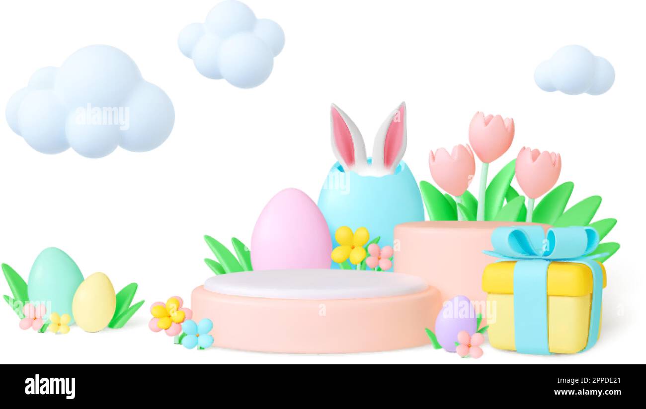 Concetto di Pasqua 3D. Oggetti giardino natura, coniglietti orecchie in uovo e scatola regalo. Decorazione per vacanze primaverili. Podi vuoti e nuvole, pithy vector banner Illustrazione Vettoriale