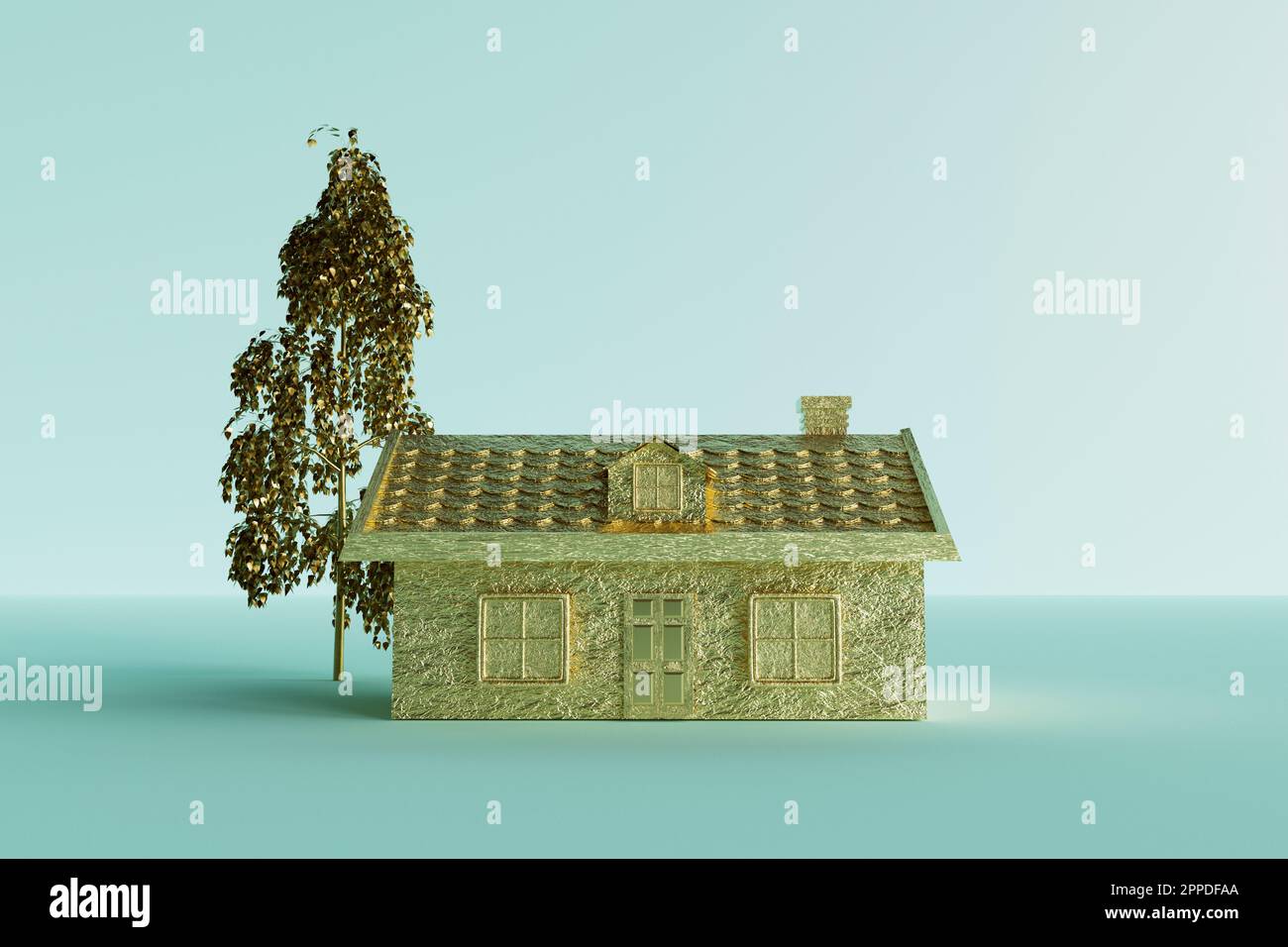 Rappresentazione tridimensionale di casa color oro su sfondo blu Foto Stock