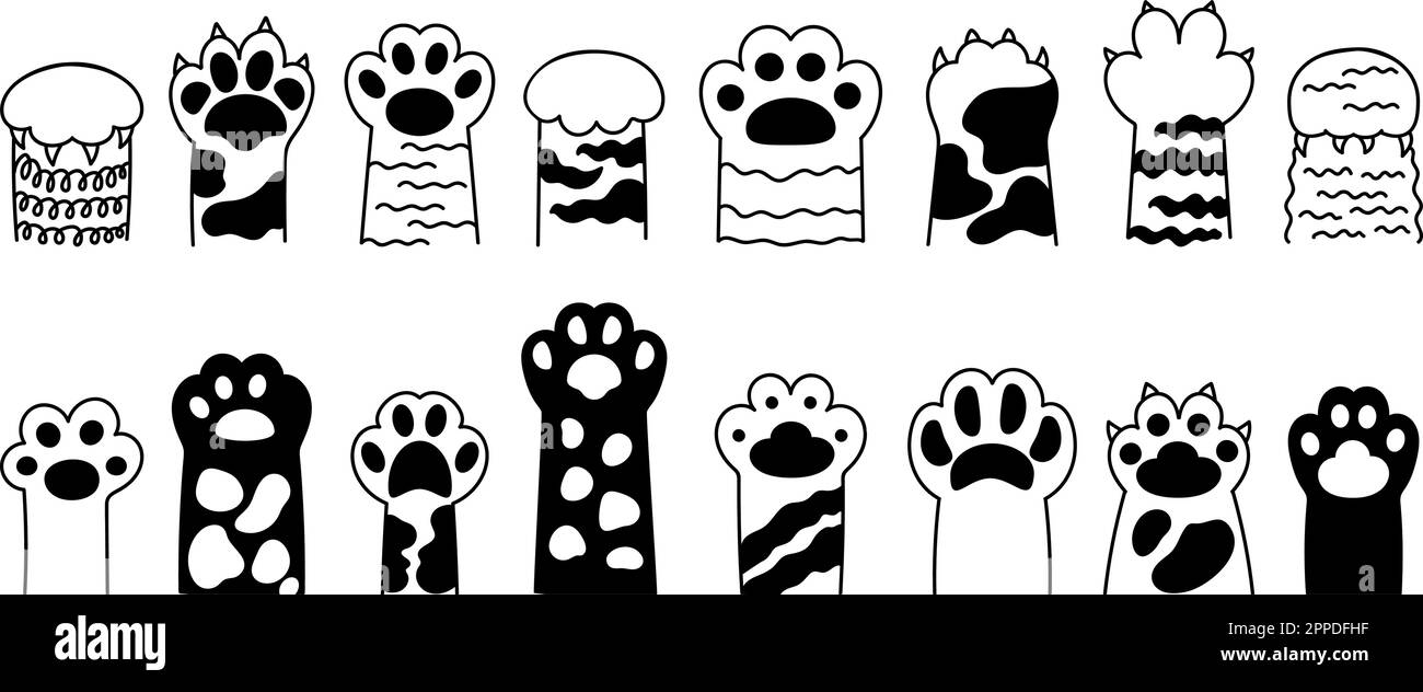 Gatto diverse zampe nere. Icone della zampa di cartone animato, gatti isolati o piedi del doodle delle tigri. Elementi divertenti gattino, grafica vettoriale decorativa animale decente Illustrazione Vettoriale
